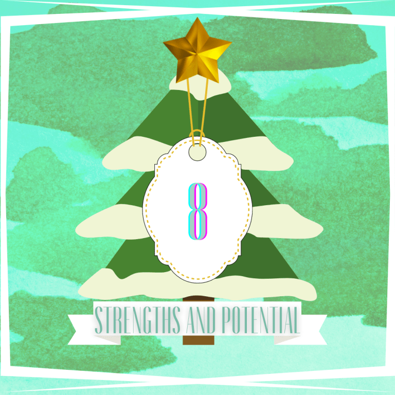 Cartoon of a Christmas tree on a green background, with a star on top and a sign hanging over it with the number 8 on it. At the bottom is a banner that says 'Strengths and potential'.
