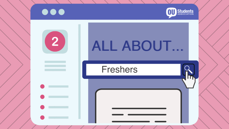 Pink background with a graphic of a popup on a computer that says 'All about... Freshers'.