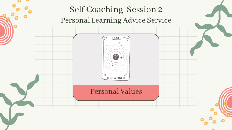 Pale coloured background with text saying 'Self coaching: Session 2, Personal Learning Advice Service' and 'Personal Values'. Several decorative graphics around the border of the image such as leaves.