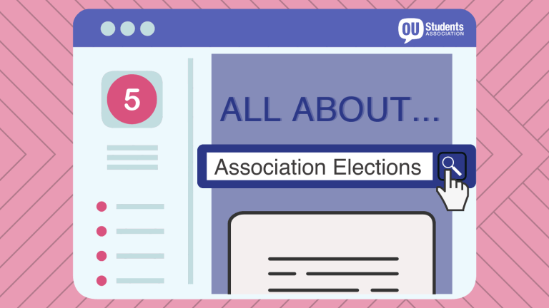 Pink background with a graphic of a website popup that says' All about... Association elections'.