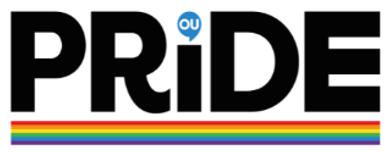 OU Pride logo. Featuring the word 'Pride' in large black text, underlined with a rainbow coloured line, and the i is dotted with 'OU' in a speech bubble.