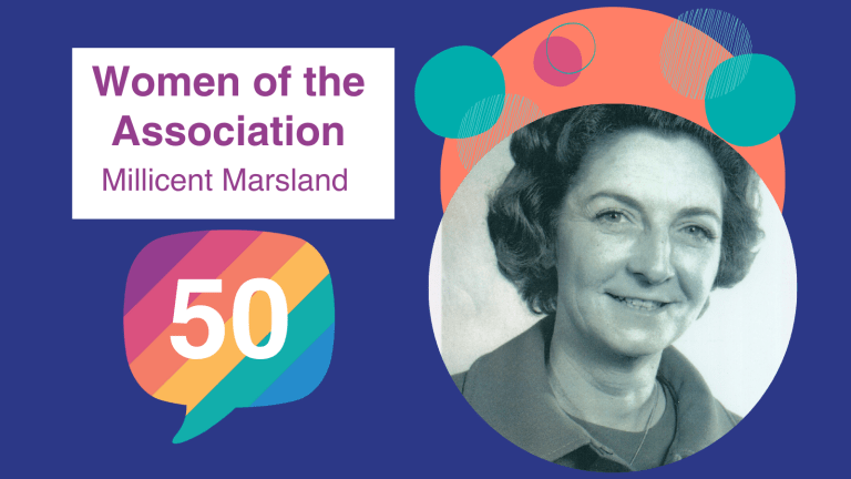 Dark blue background with an black and white image of a woman smiling on the right. Text on the left says 'Women of the association, Millicent Marsland'.
