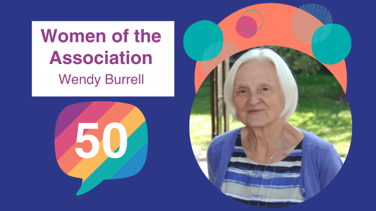 Dark blue background with image of a woman stood outside and smiling at the camera on the right, and text on the left that says 'Women of the association, Wendy Burrell'.
