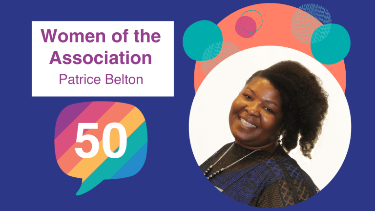 A dark blue background with text on the left saying 'Women of the association: Patrice Belton', and an image of a smiling woman in a circle frame on the right.