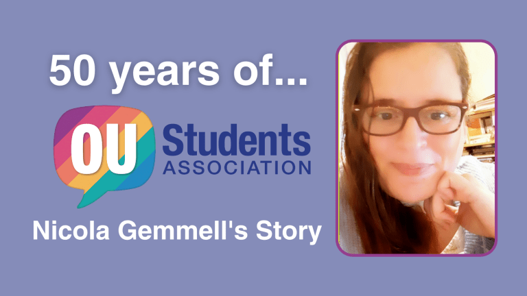 Light purple background with an image of a woman smiling on the right. Text on the left says ' 50 years of the OU Students Association, Nicola Gemmell's story'