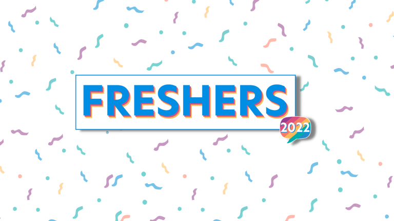 A graphic with white background covered in small colourful confetti, and large text in the centre saying 'Freshers 2022'.
