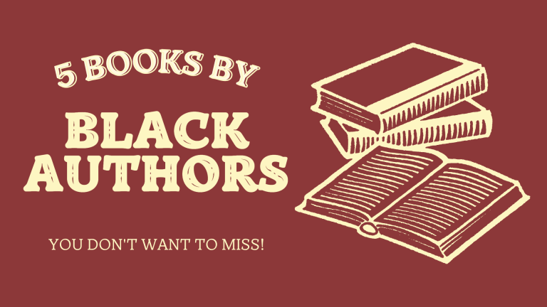Graphic with a deep burgundy background and light text that says 'Books by black authors you don't want to miss!' with a stack of books next to the text.
