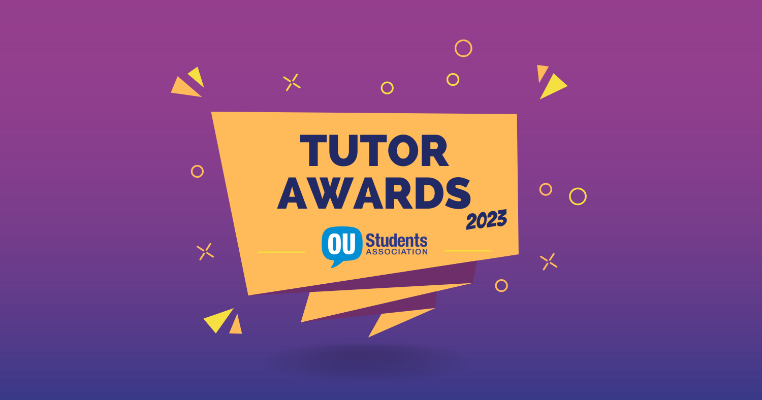 Graphic with purple gradient background that has a sign saying 'Tutor awards 2023'.
