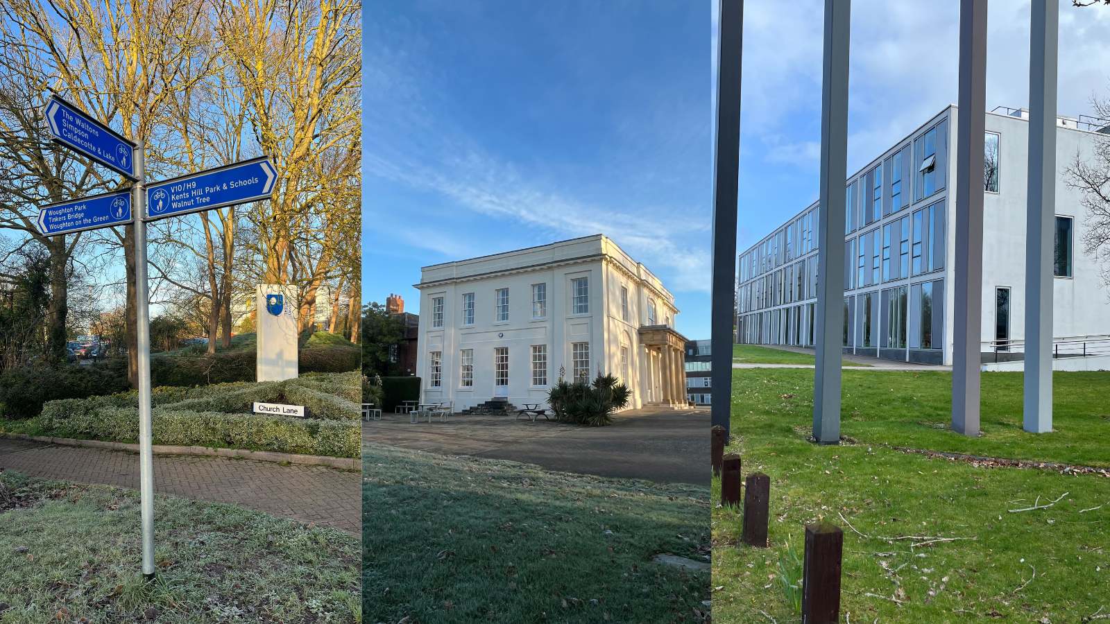 A collage of three images of the Open University campus.