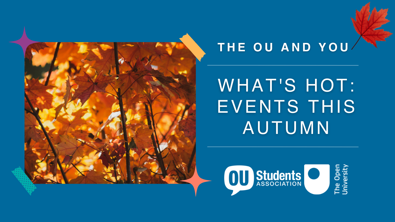Trees with autumn leaves, next to the headline 'The OU and You - What's hot: events this autumn'.