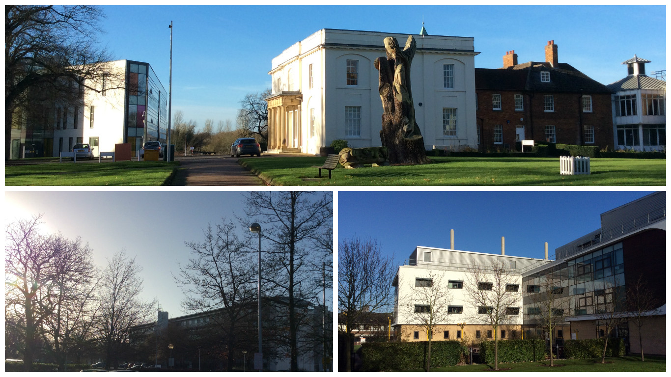 Three photos of Open University buildings in the winter sunshine, including Walton Hall.