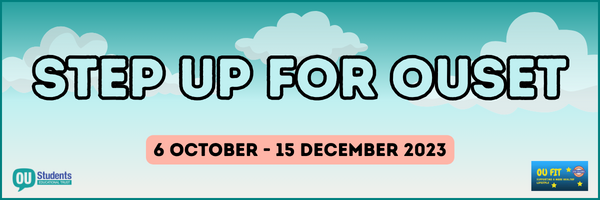 The headline 'Step Up for OUSET' with '6 October – 15 December 2023' underneath it. They are positioned on top of a turquoise cloudy sky.