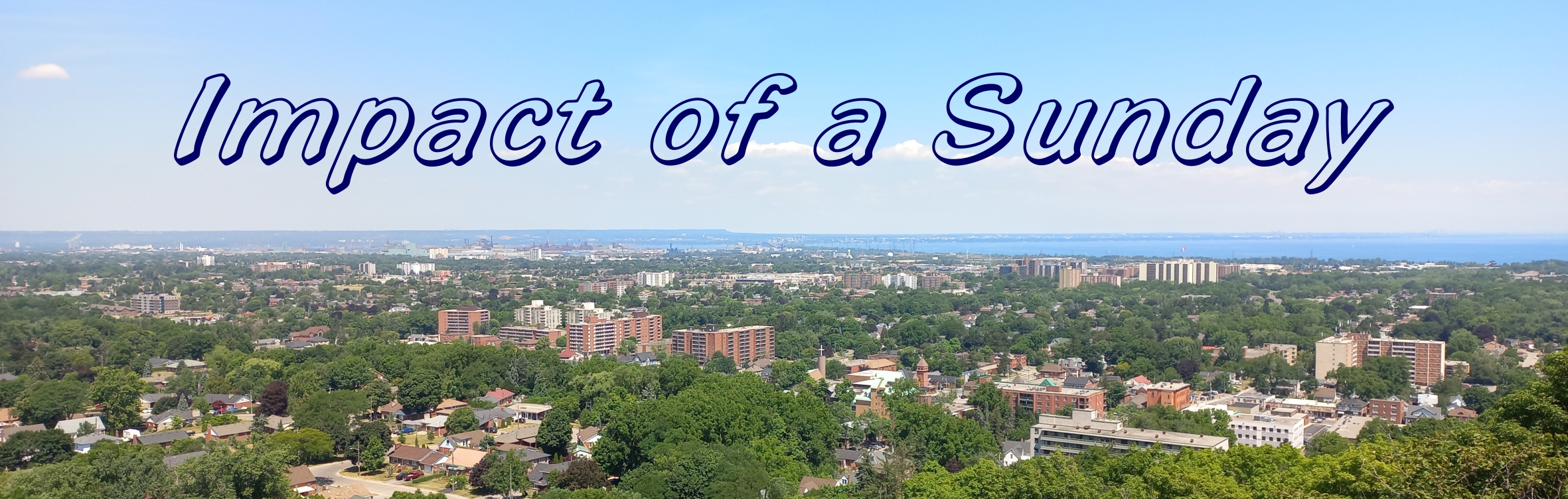 'Impact of a Sunday' written above an aerial photo of a town with lots of greenery.