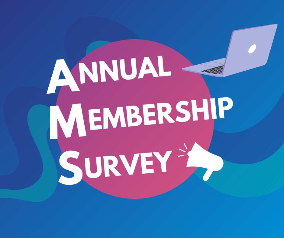 An image with 'Annual Membership Survey' written above a pink circle, with an image of a laptop and a loud speaker surrounding it.