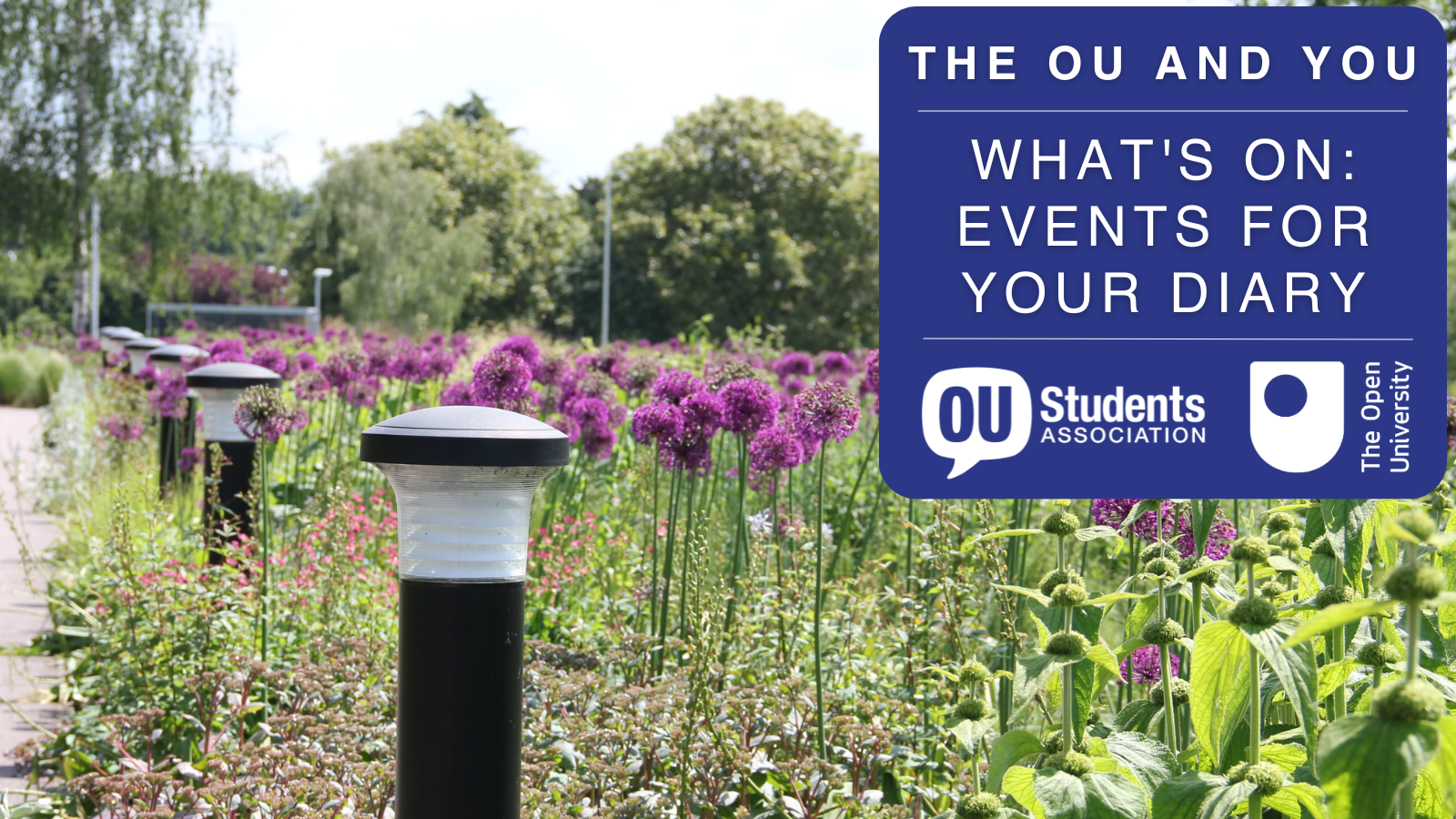 A green of purple flowers on the OU campus. Next to this is the text 'The OU and You: What's On – Events For Your Diary', folowed by the Association and OU logos.