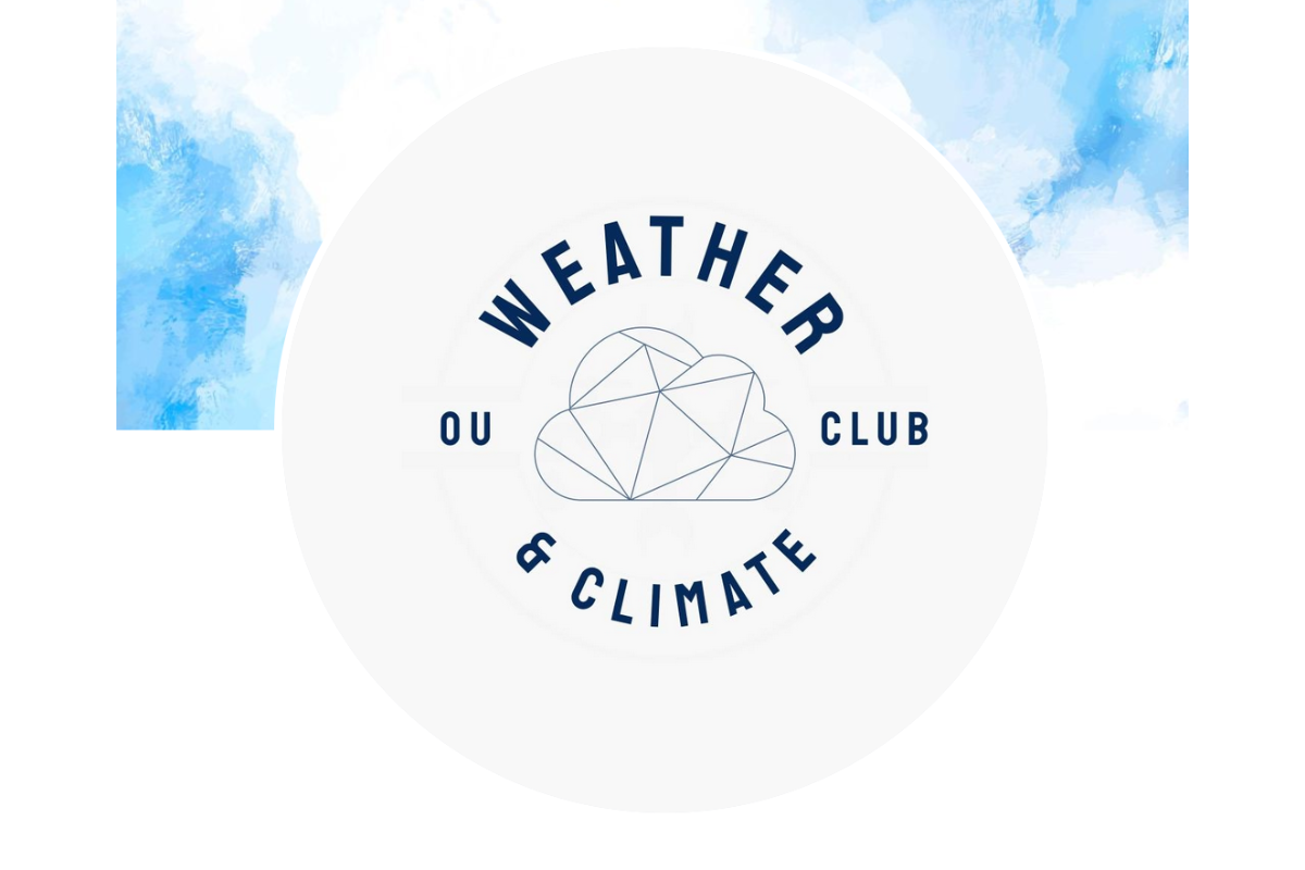 A white circle in front of a blue, cloudy sky. On the circle is a segmented cloud. To the left and right of the cloud, it says 'OU club'. Above and below the cloud, it says 'Weather & Climate'.