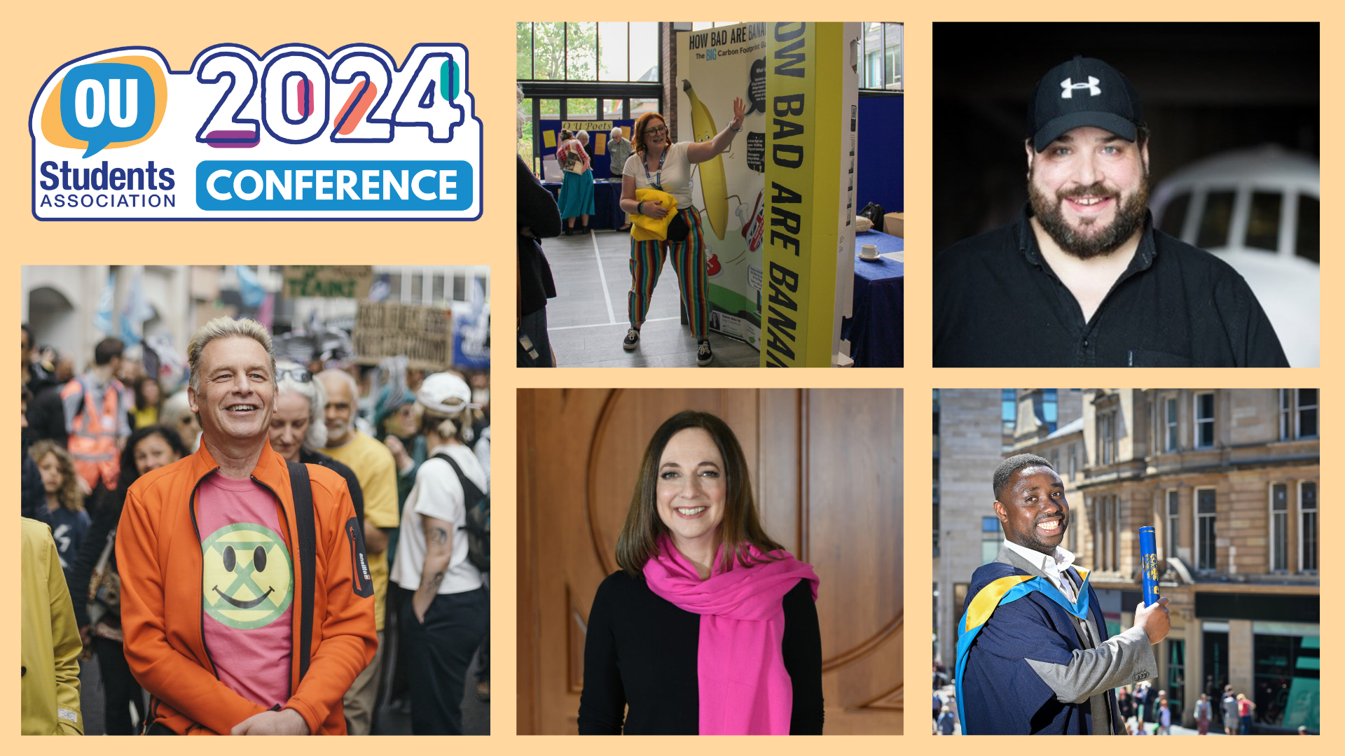 A collage of photos with the Conference logo and some of the speakers at Conference (including Chris Packham and Susan Cain).