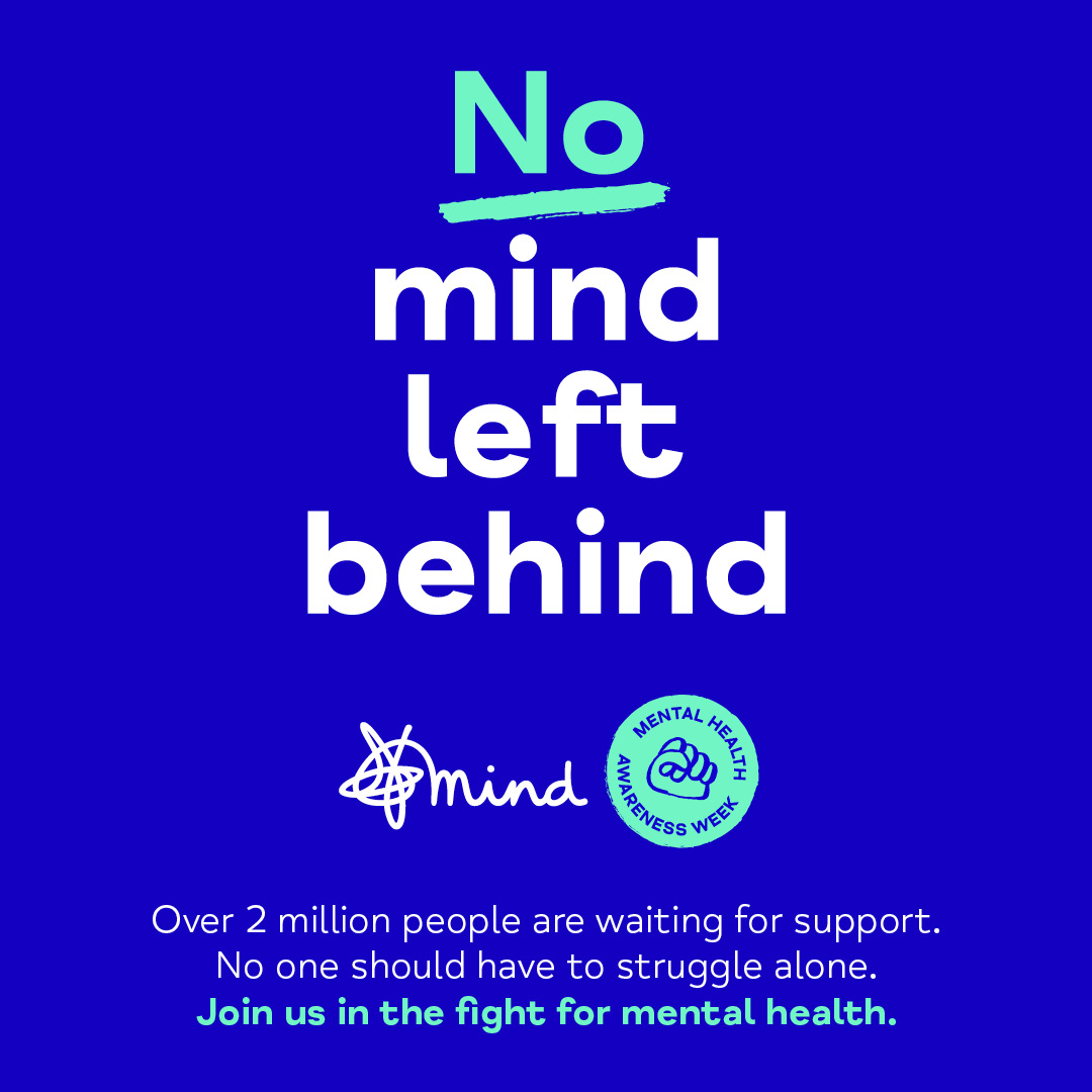 A royal blue background with the text 'No mind left behind', followed by the Mind logo and the text 'Join us in the fight for mental health'.