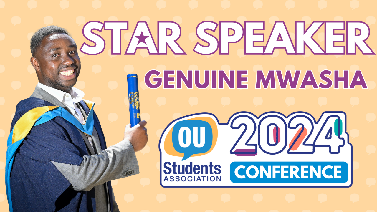 A photo of Genuine Mwasha in his graduation robes and holding a scroll. The photo is on a biege and spotted background. Next to it is the text 'Star speaker: Genuine Mwasha' and the Conference 2024 logo.