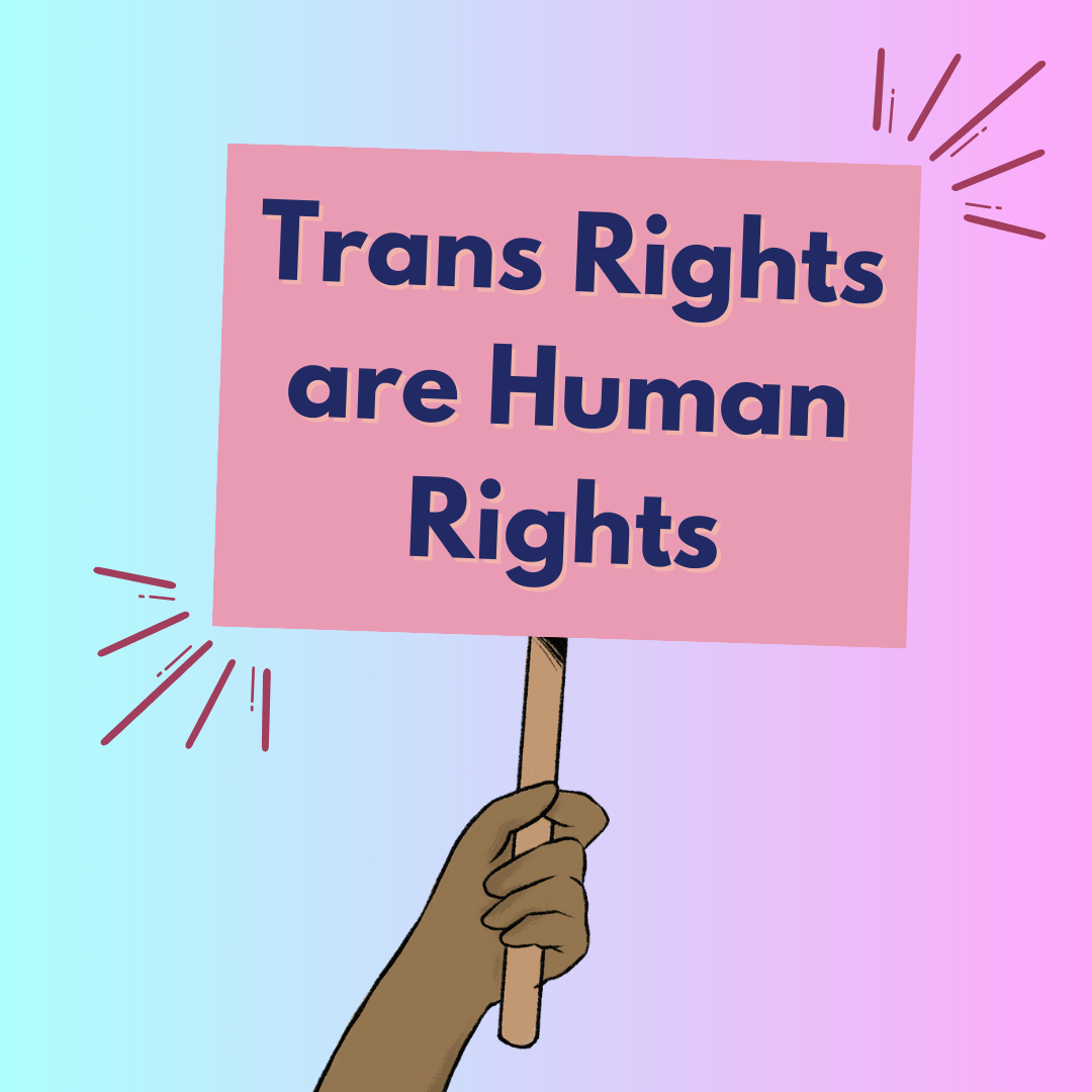 An arm holding up a pink sign, saying 'Trans Rights are Human Rights'. The background fades from turquoise into light purple.
