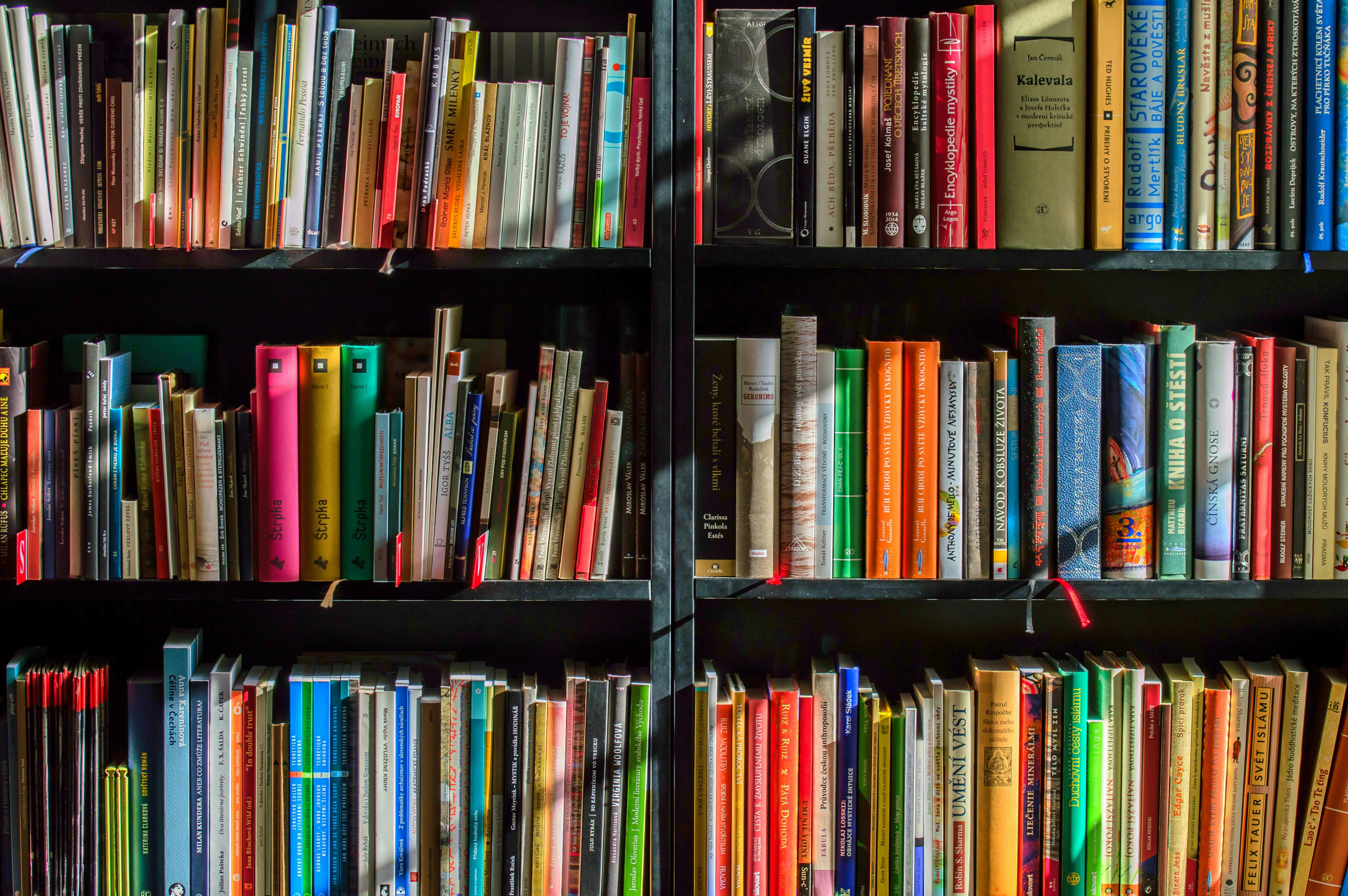 A bookcase full of colourful books.