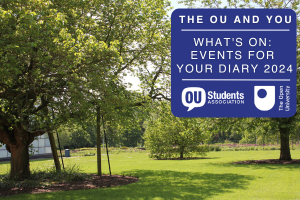 A tree in the sunshine on the OU campus, with a caption saying 'The OU and You': What's on: events for your diary 2024'.