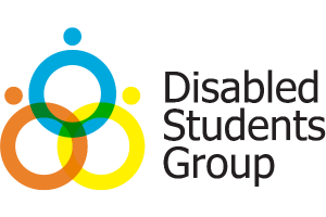 A triangle made up of three circles – sky blue (at the top) and orange and yellow circles at the base of the circle. 'Disabled Students Group' is next to the image on the right-hand side.