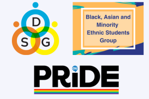 The logos for our three Support Groups (the Disabled Students Group and the Black, Asian and Minority Ethnic Students Group logos next to each other, with the OU Pride logo underneath).