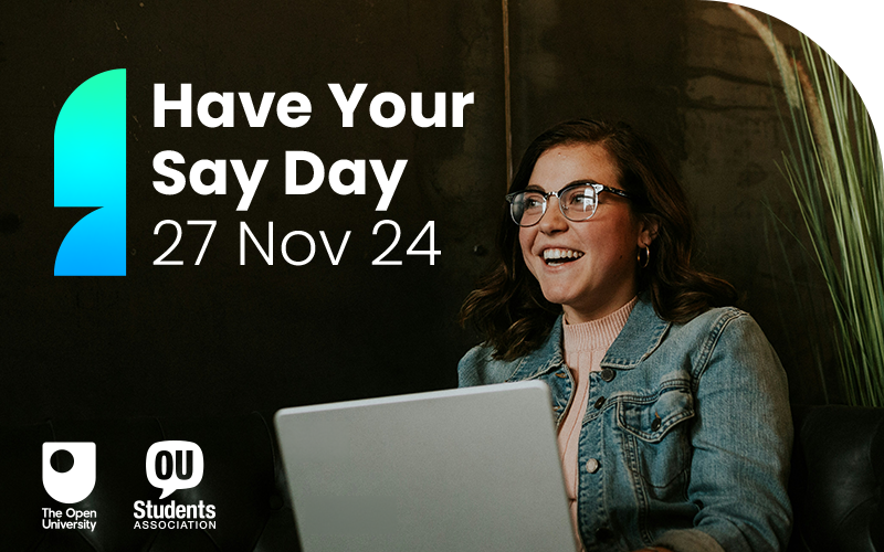 A person sat behind a laptop smiling, with text overlaying that says 'Have your say day, 27 nov 24'.