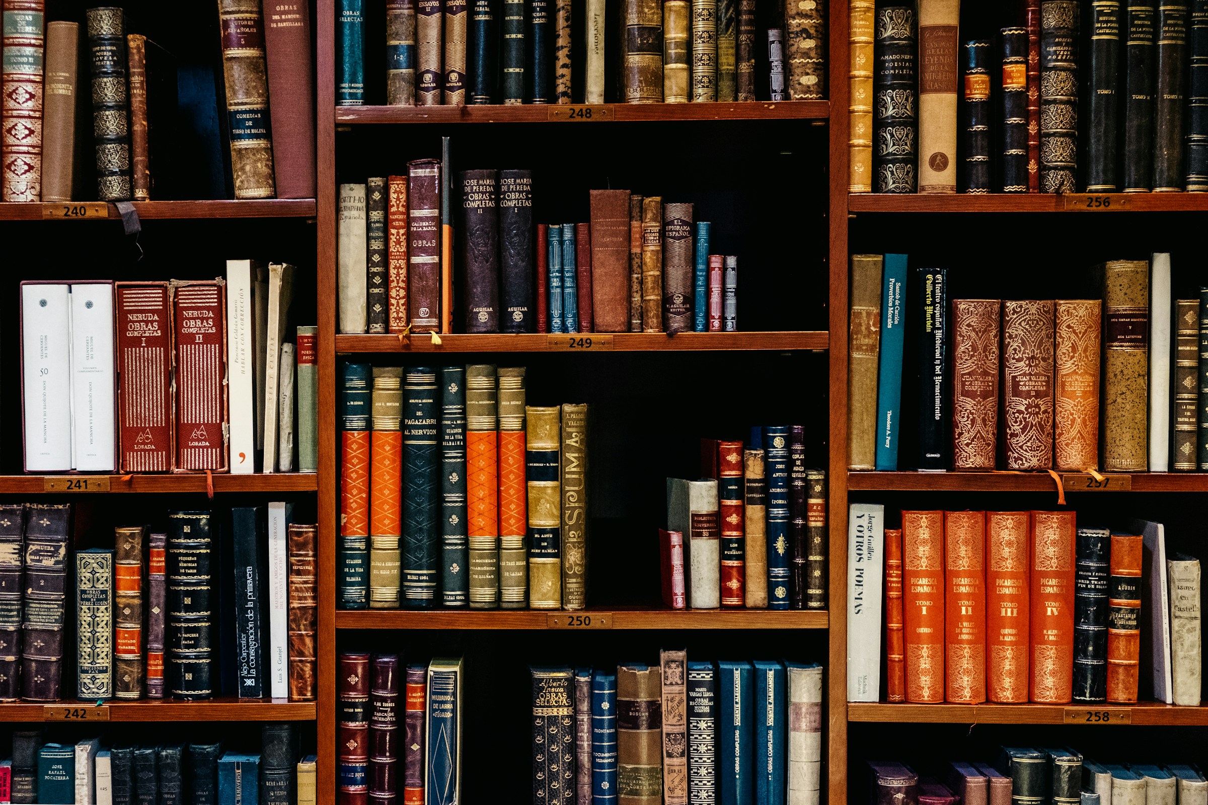 A bookcase filled with multi-coloured books.