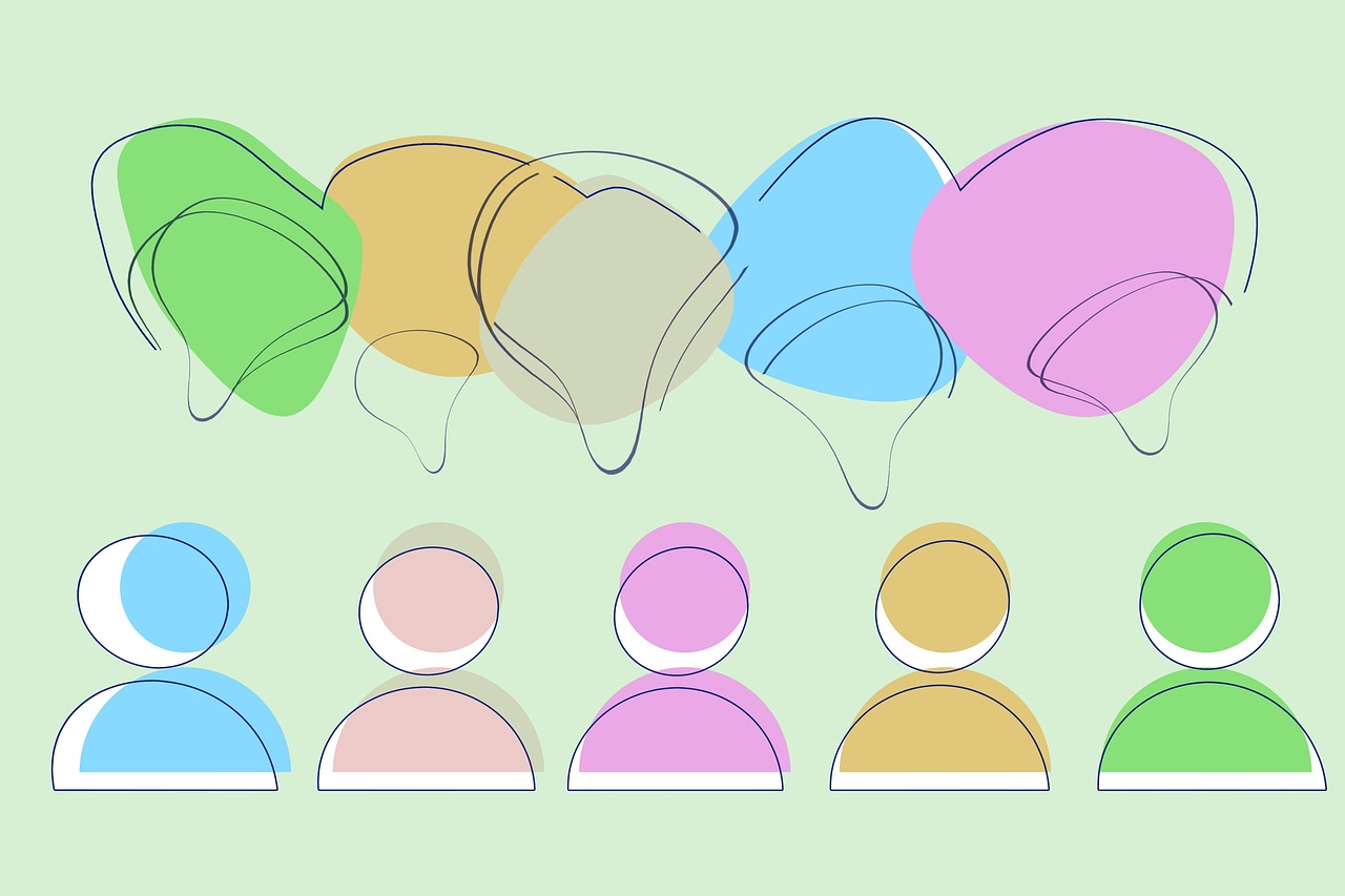 Graphic with green background, 5 cartoon people in different colours with speech bubbles above each of their heads.