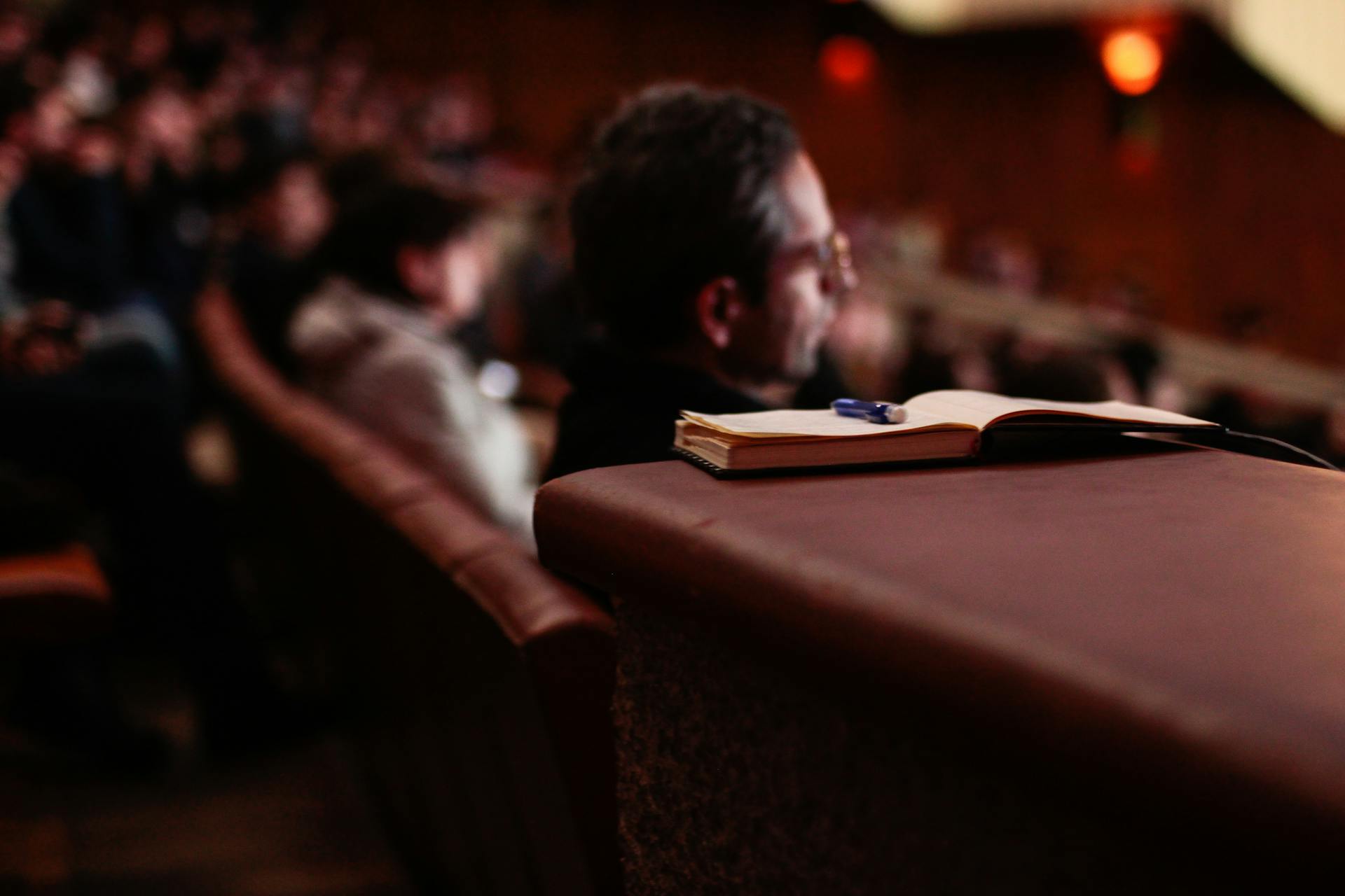 A group of people sat in a conference hall (the camera is focused on one person).