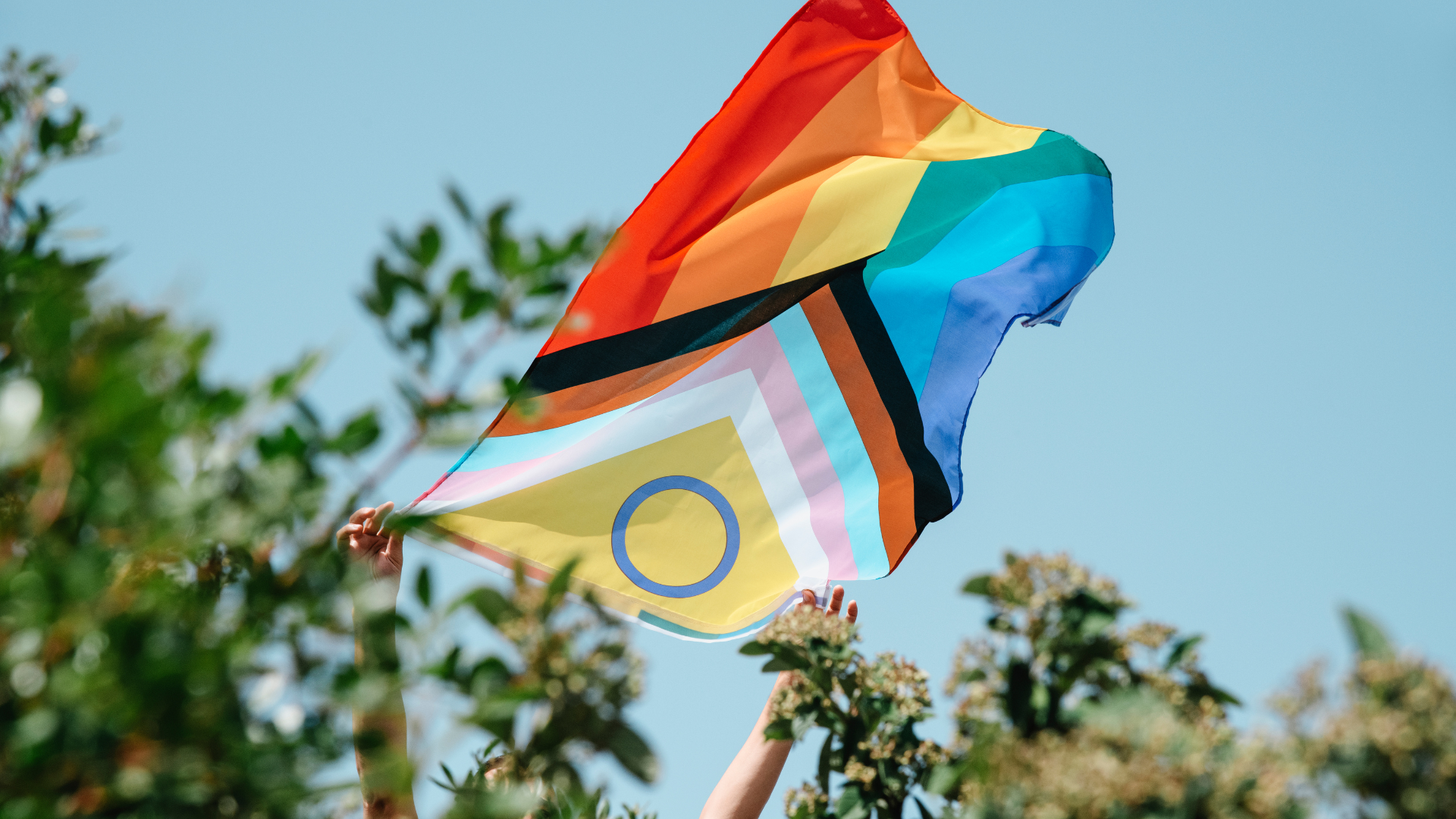 Pride flag being held in the air, waving in the wind.