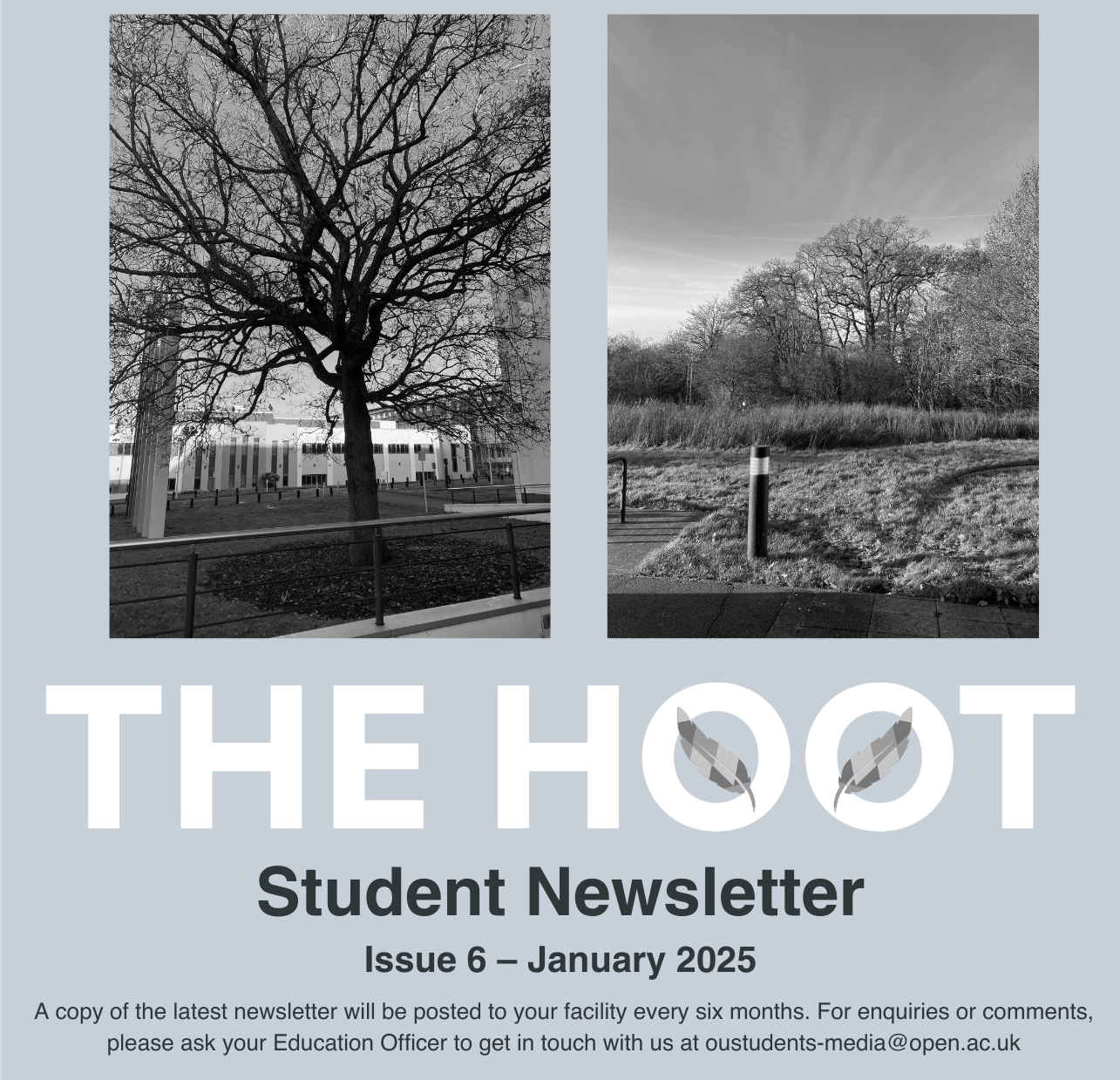 'The Hoot Student Newsletter: Issue 6 – January 2025' with two winter photos of the OU campus above the text.