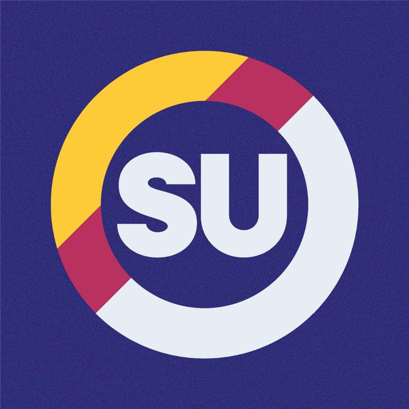 'SU' written inside a white circle, with yellow and red flashes. The background is royal blue.