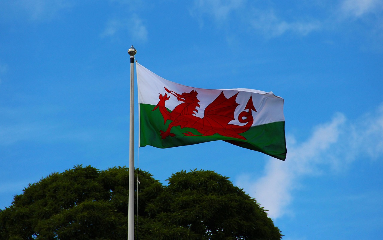 A Welsh flag on a flagpole, fluttering in the breeze.
