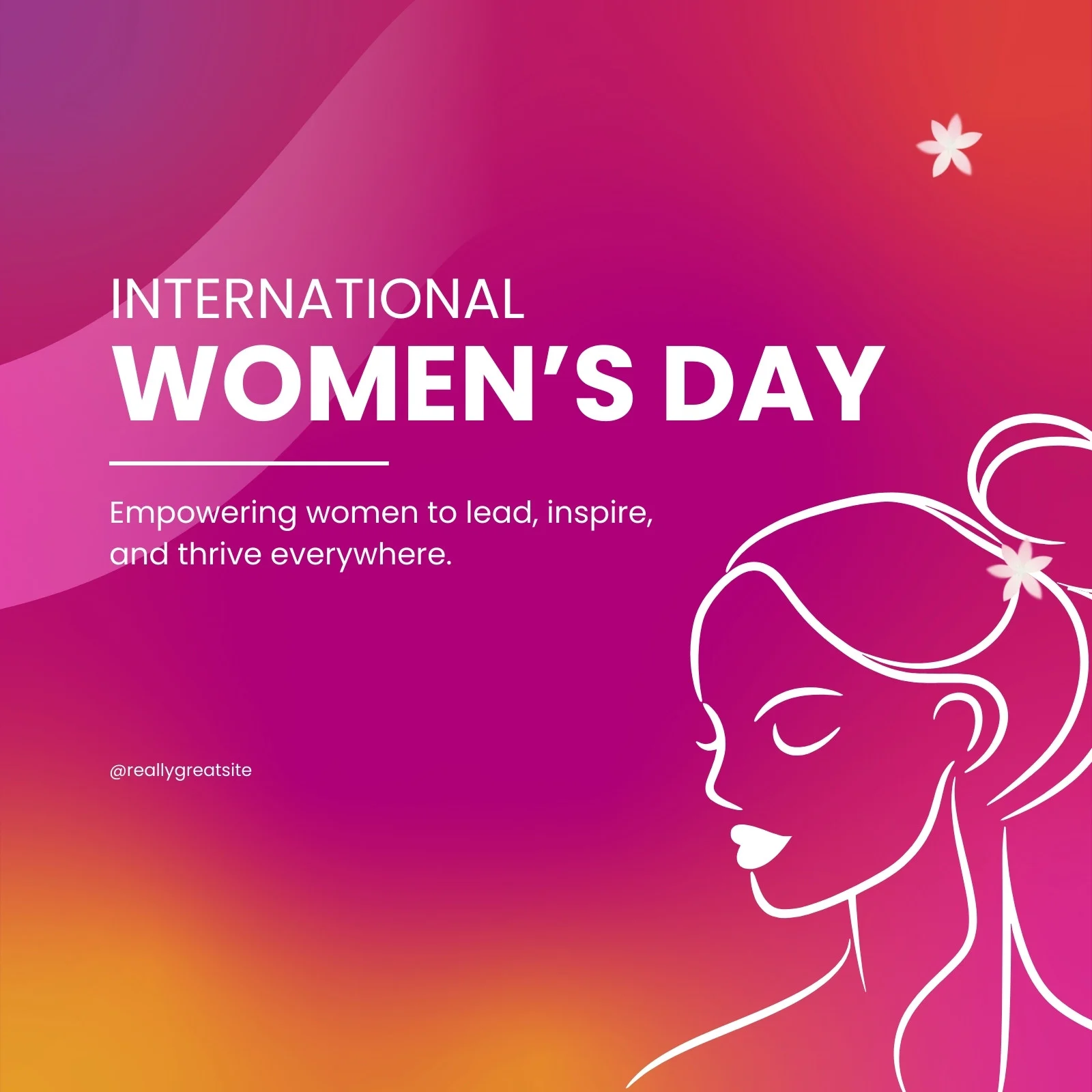 'International Women's Day' next to an animation of a woman on a purple background.