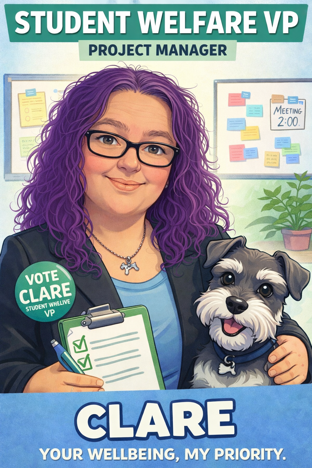 A cartoon picture of Clare with her dog.