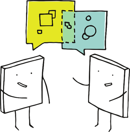 An illustration of two characters engaged in a conversation. Each character has a speech bubble above their head. The speech bubble for the character on the left is yellow and contains squares and rectangles. The speech bubble for the character on the right is light blue and contains circles.